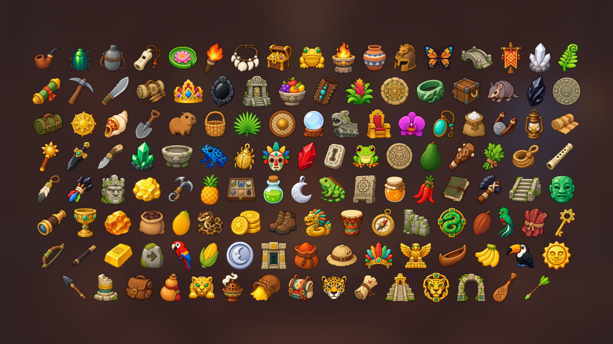 Aztec Maya Jungle Expedition Archaeology Artifacts Treasure Icons Pack