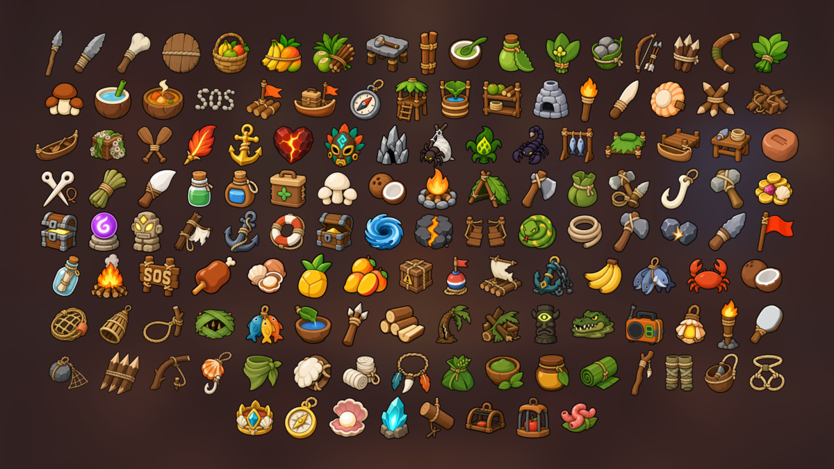 Island Survival Crafting Resources Icons Pack for Adventure and RPG Games