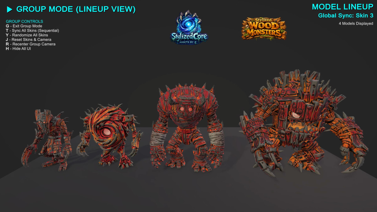 Monster Wood Pack – 4 Stylized Animated Creatures (LOD + Skins)