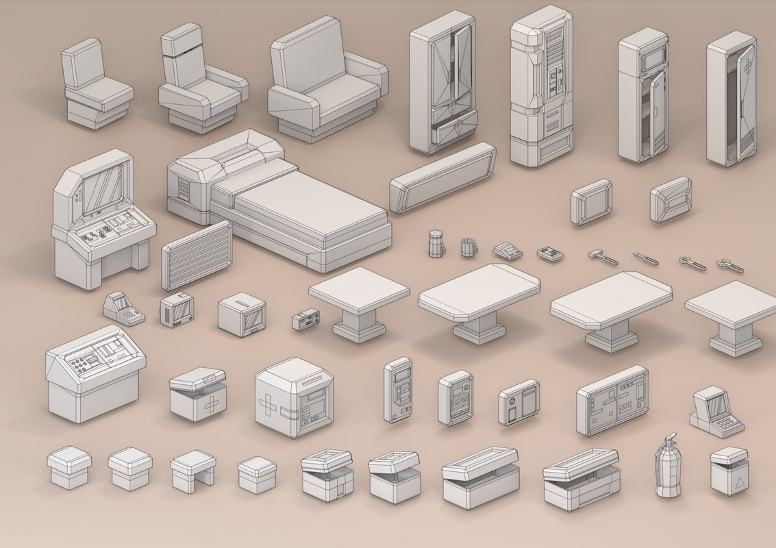 Sci-Fi Low Poly Interior Bundle: Grand Colony Collection (5-in-1) | Cosmic Retro