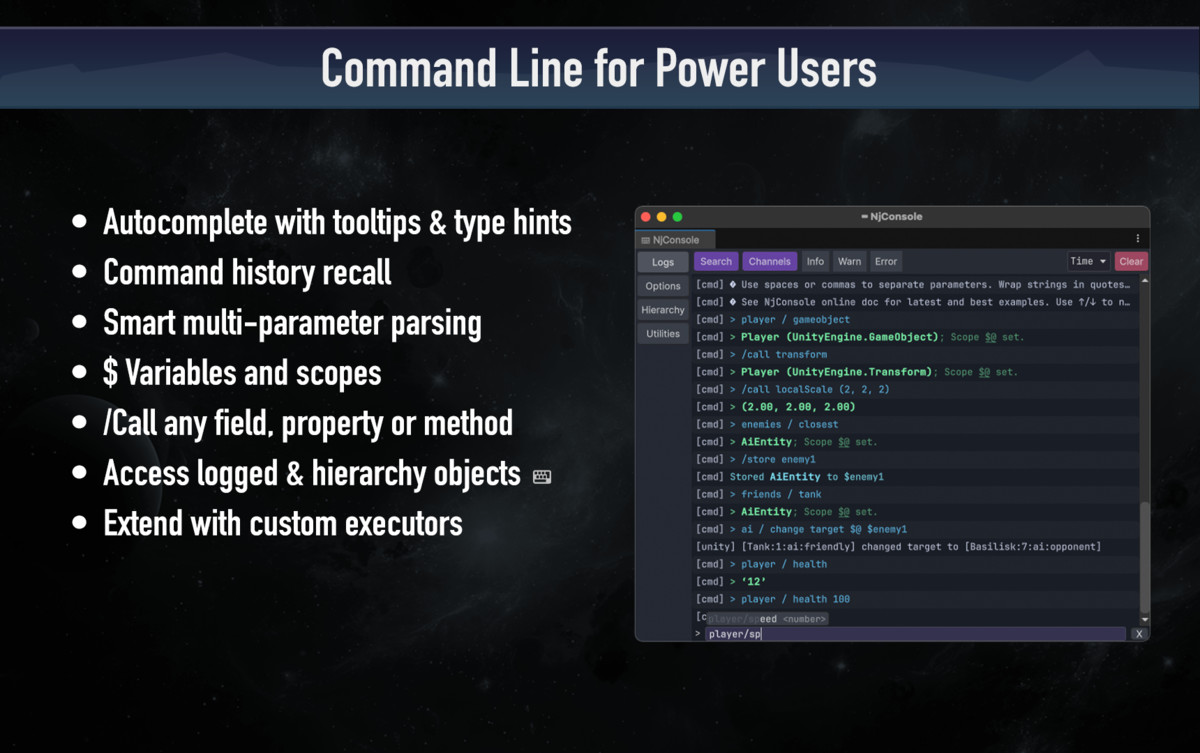 NjConsole: Advanced Logger, Inspector & Commands for In-Game + Editor Debugging