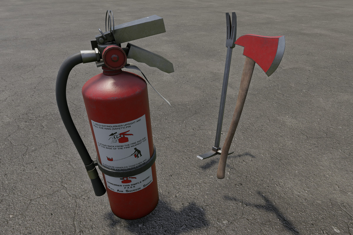 Fire Extinguisher, Crowbar & Fire Axe