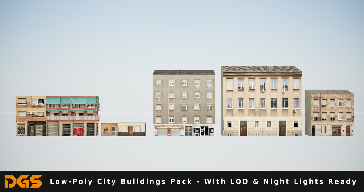 Low-Poly City Buildings Pack - With LOD & Night Lights Ready