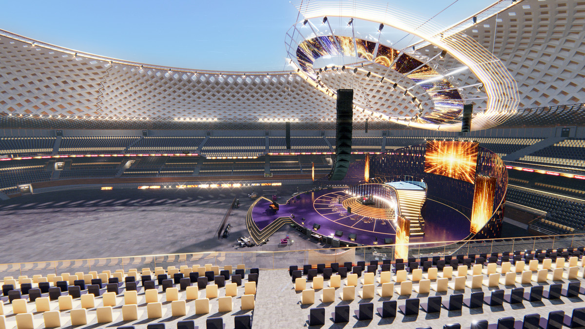 Golden Concert Arena Stadium 3D Model - Futuristic Environment with Stage, Props