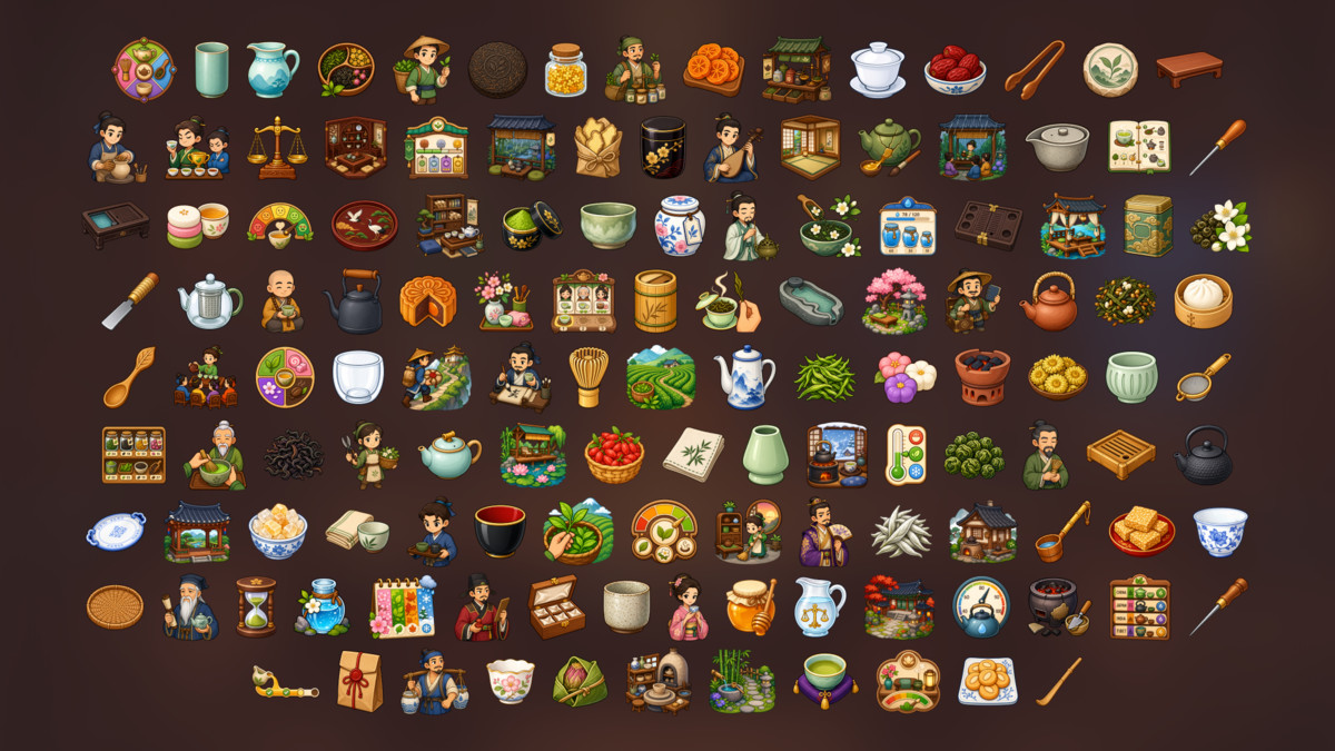 Chinese Tea Ceremony Herbal Medicine Tea House Culture Icons Pack