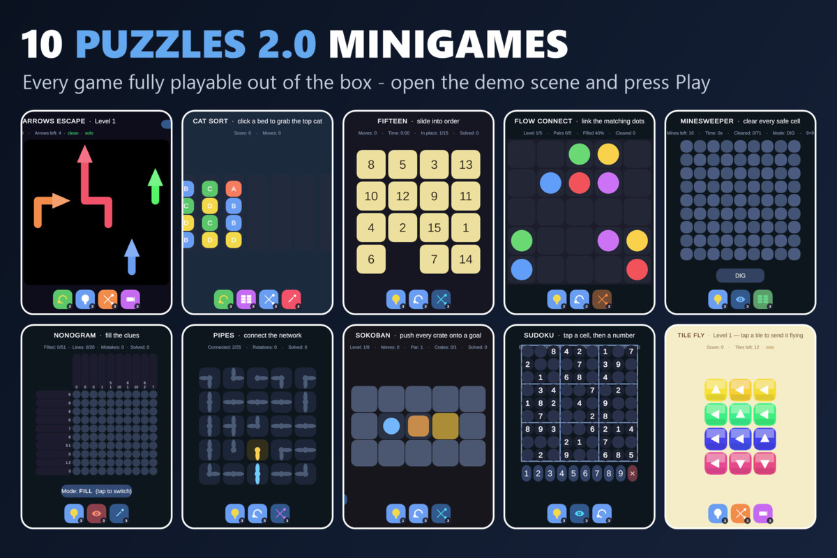 Mini Game Templates Puzzles 2.0 - 10 Puzzles Starters for Unity