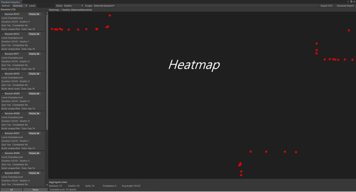 Playtest Analytics — Local Heatmaps, Session Replay & Reports