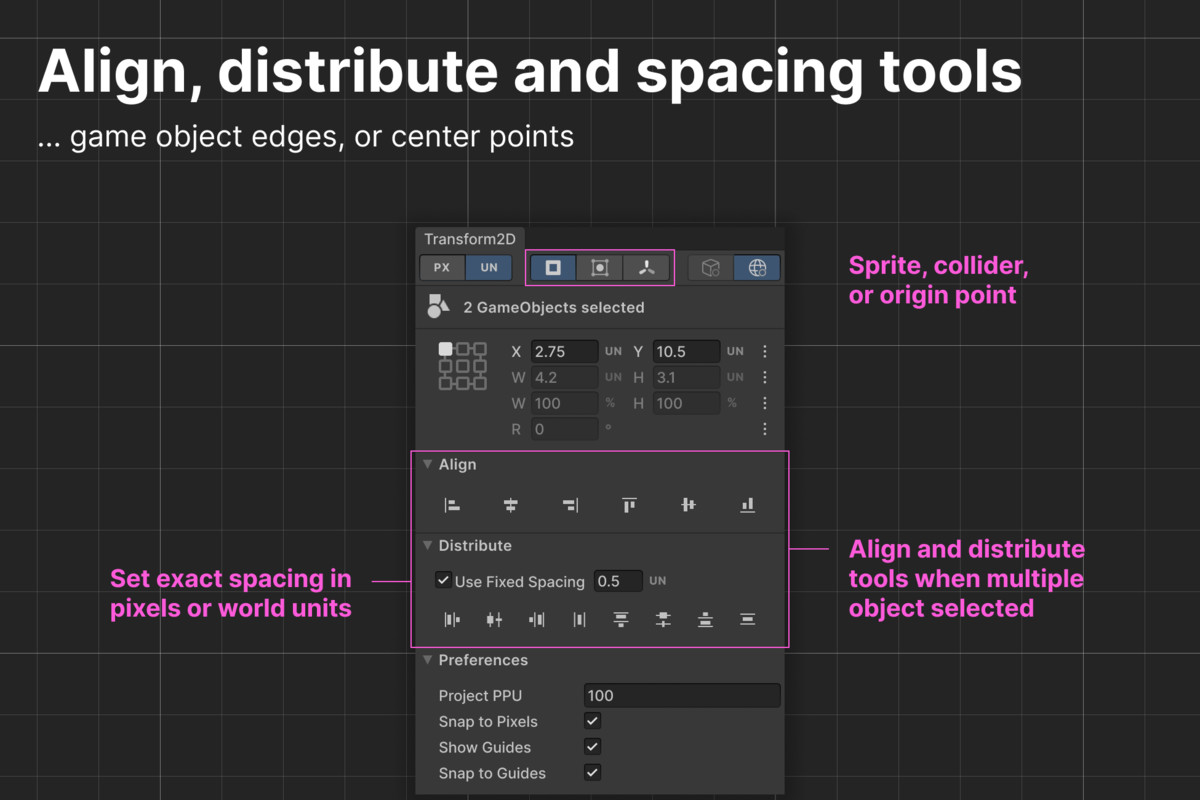 Transform 2D - Anchors, Size, Width/Height, Pixels, Align, Spacing, Guides