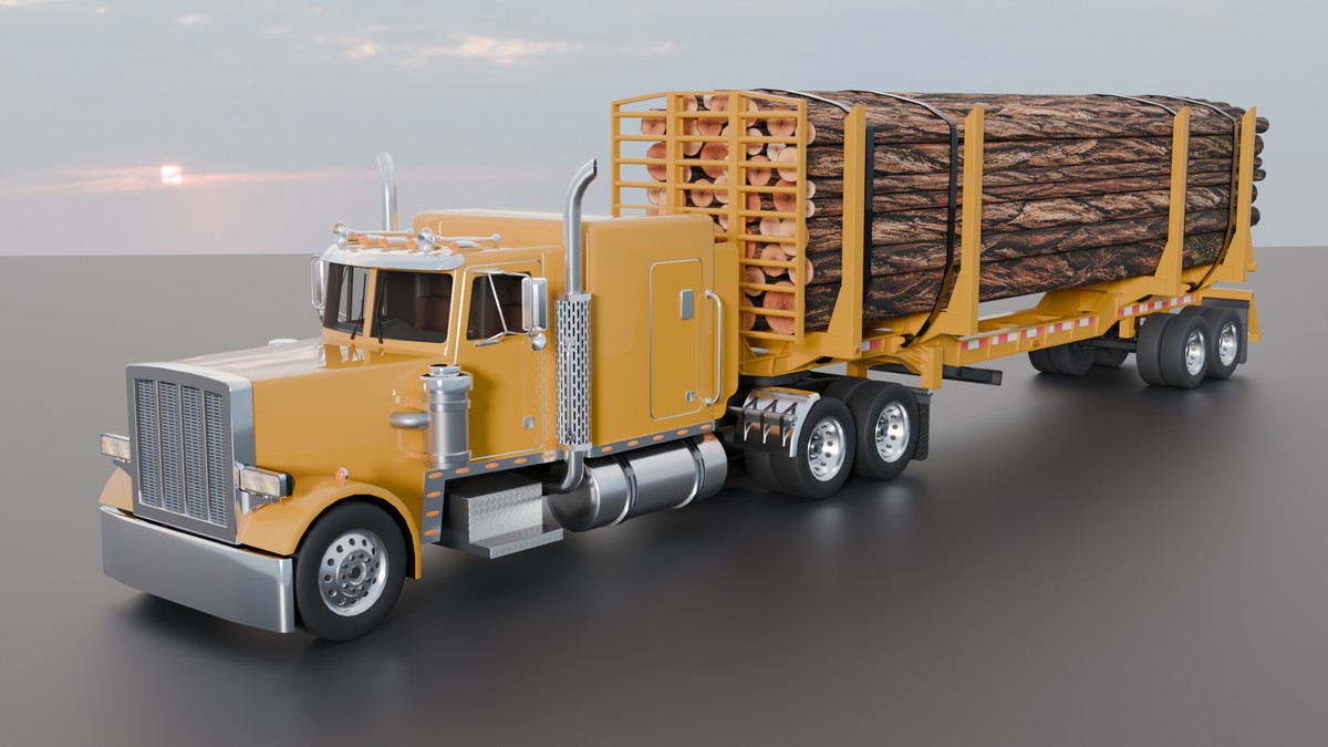 American Semi Truck + Logging Trailer | Interior, Modular, 4 Wood Log | PBR
