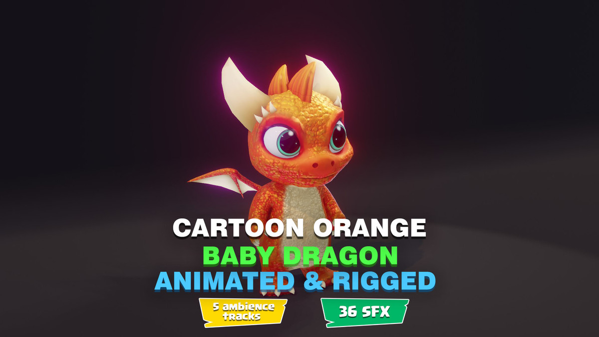 Cartoon Orange Baby Dragon 3D Model (Low-Poly, Game-Ready, Animated, Built-In)