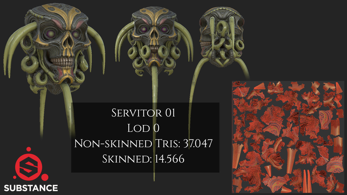 3 Servitor Robot Skulls - Grim Dark Scifi - Procedurally Animated