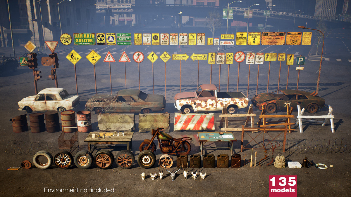 Post-Apocalyptic Survival Urban City Props and Road Signs Pack - 135 3d Models