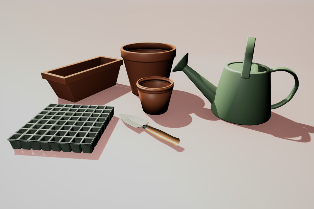 Stylized greenhouse and gardening props arranged in Unity