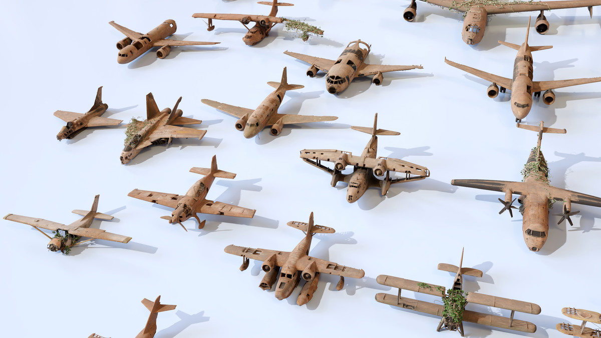 Old Abandoned Junk Rusty Aircraft and Helicopter Set 3d Game Ready Modular Props