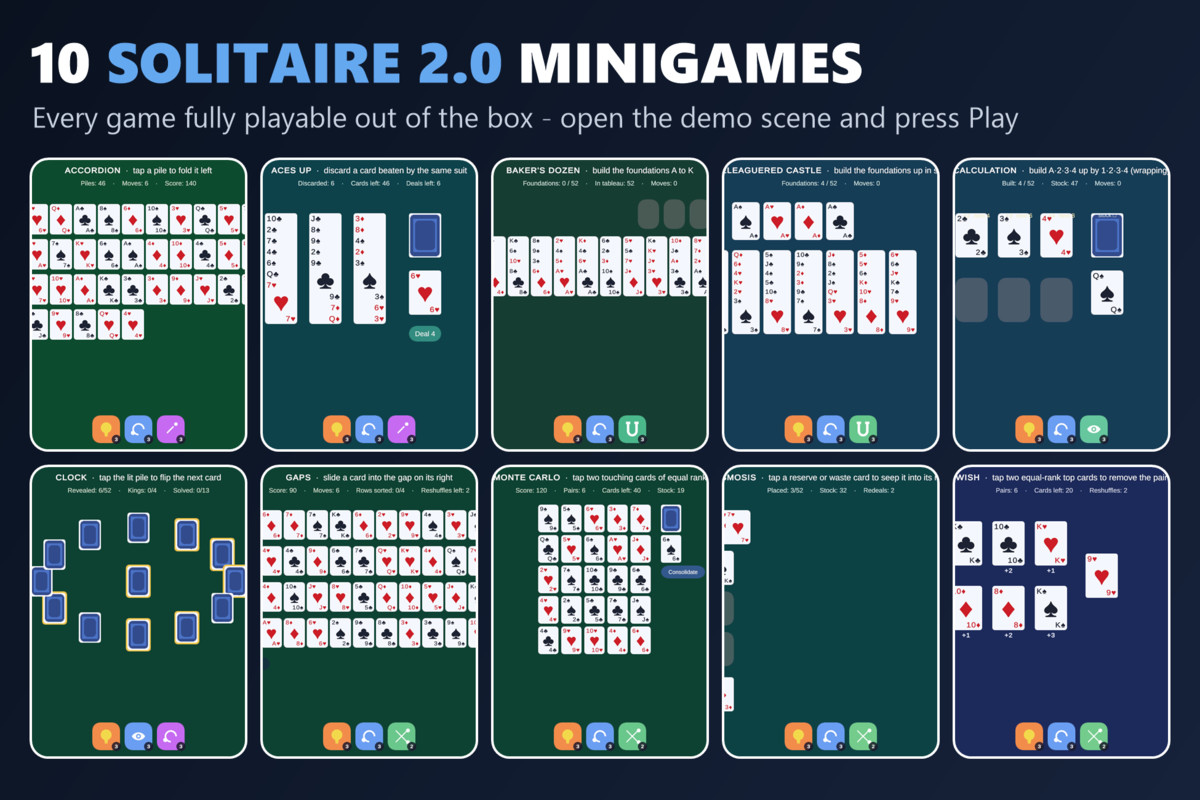 Mini Game Templates Solitaire 2.0 - 10 Solitaire Starters for Unity