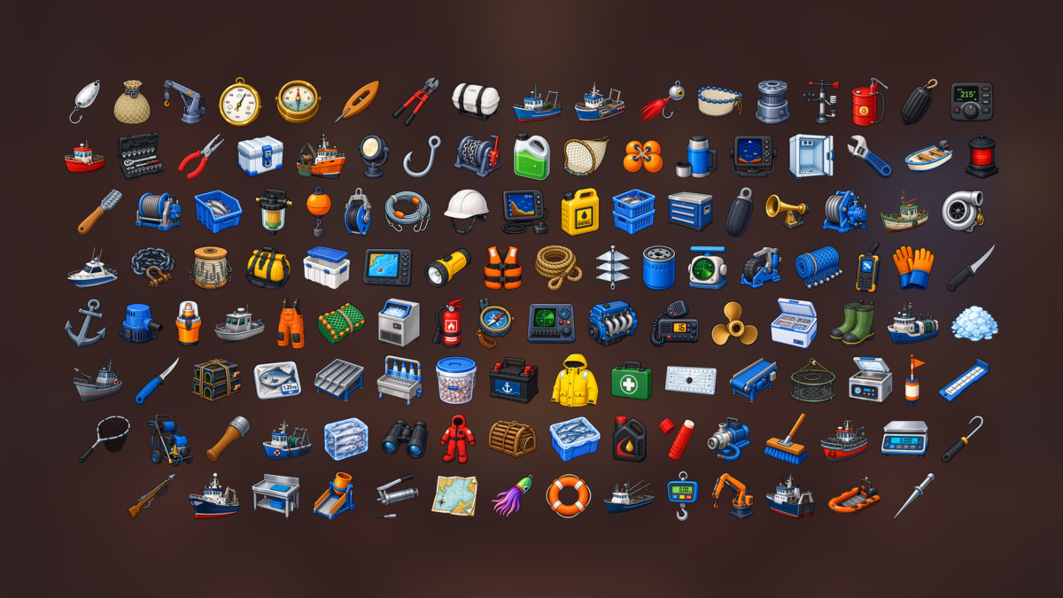 Commercial Fishing Seafood Processing Fishing Boats Marine Equipment Icons Pack