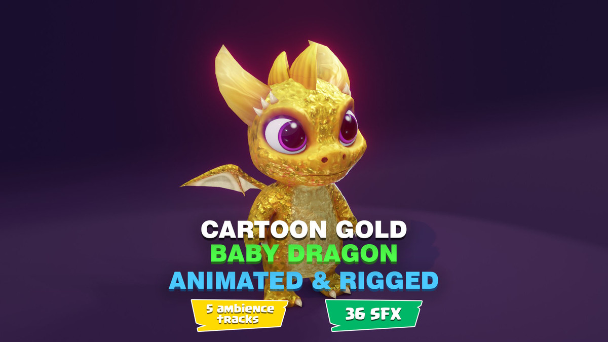 Cartoon Gold Dragon 3D Model (Low-Poly, Game-Ready, Animated, Built-In)