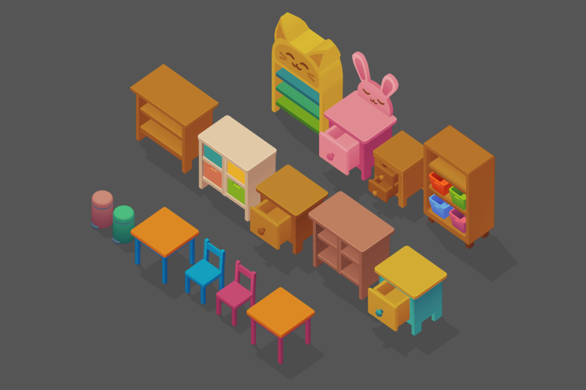 Happy Home – Stylized Kids Room Furniture Interior Kit - Low Poly 3D