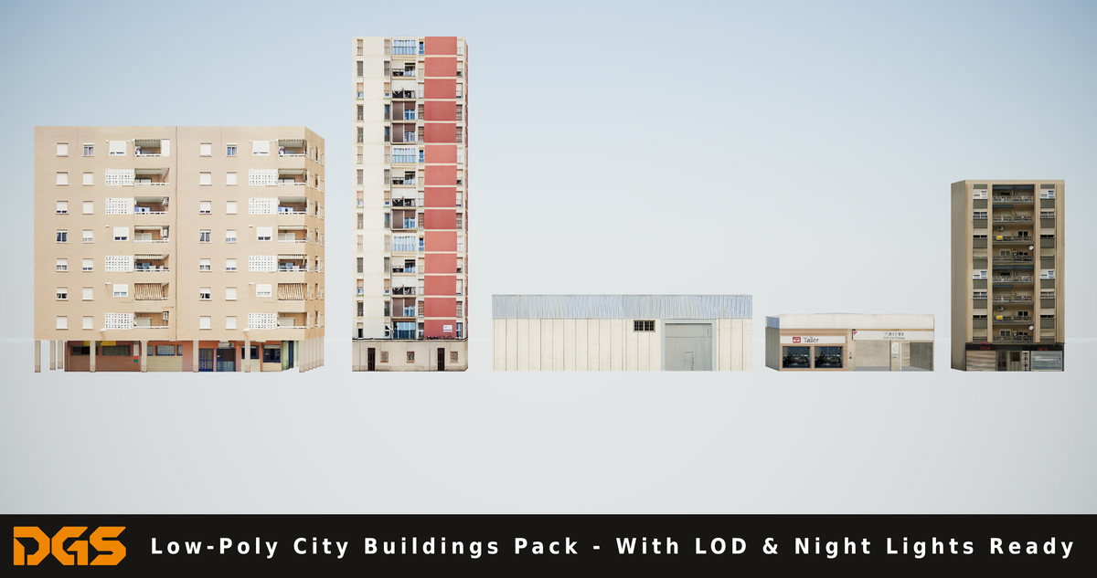 Low-Poly City Buildings Pack - With LOD & Night Lights Ready