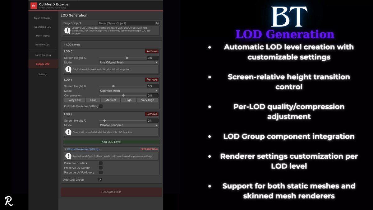 BT-OptiMeshX Extreme: Realtime Mesh Optimization, Geomorph LOD & Mesh Matrix