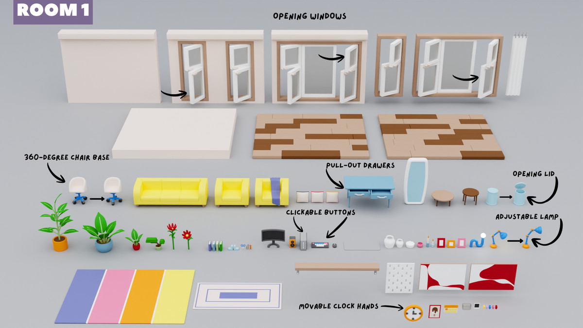 Cartoon Interactive Rooms & Furniture - Cozy Interior Pack