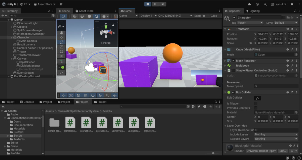 Cinematic split screen interaction system