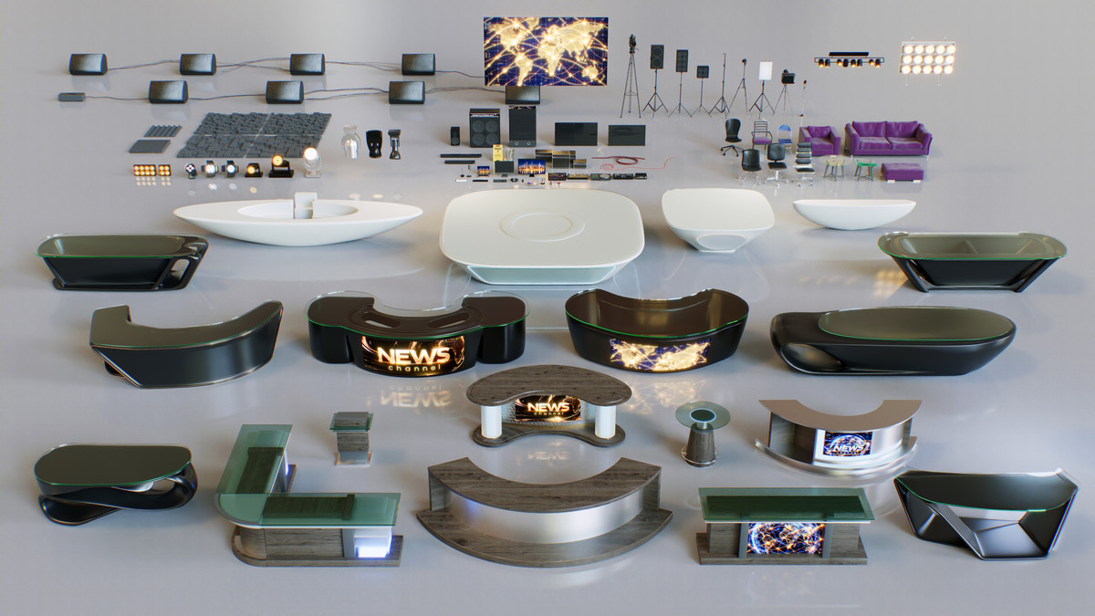 News Studio 3D Props Set - Broadcast Desks, Studio Lights, Furniture for VR