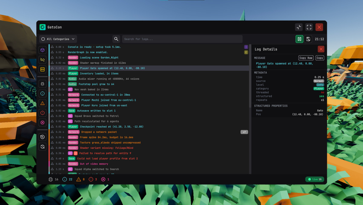 GatoCon - Runtime Debug Console & Structured Logging