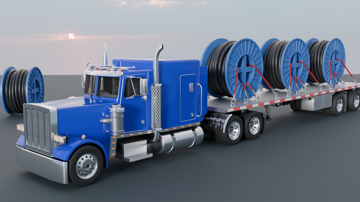 American Semi Truck with Flatbed Trailer & Cable Reel Cargo