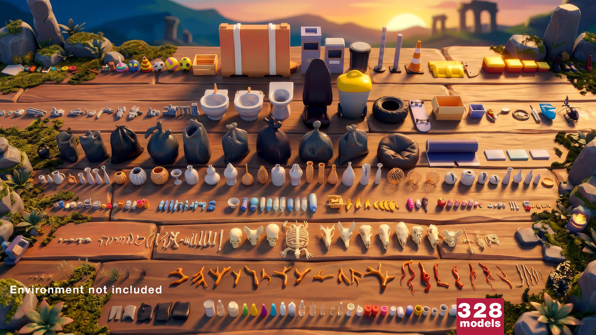 Lowpoly Stylized Street Garbage, Junk, Trash and Waste Set - 328 gameready props