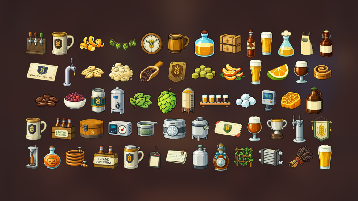 Craft Brewery Beer Production Icons Pack for Tycoon Simulation Management Games