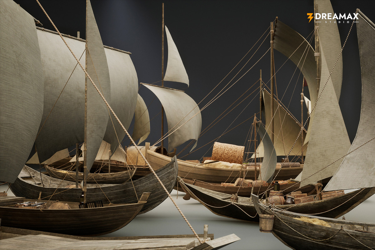 Medieval Sailing Boats & Harbor Market Props Pack – Cargo, Market & Dock Assets