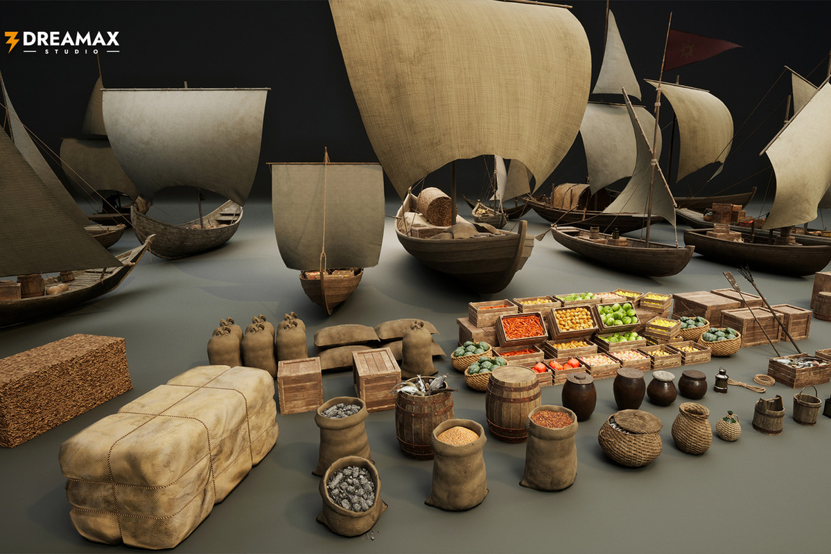 Medieval Sailing Boats & Harbor Market Props Pack – Cargo, Market & Dock Assets