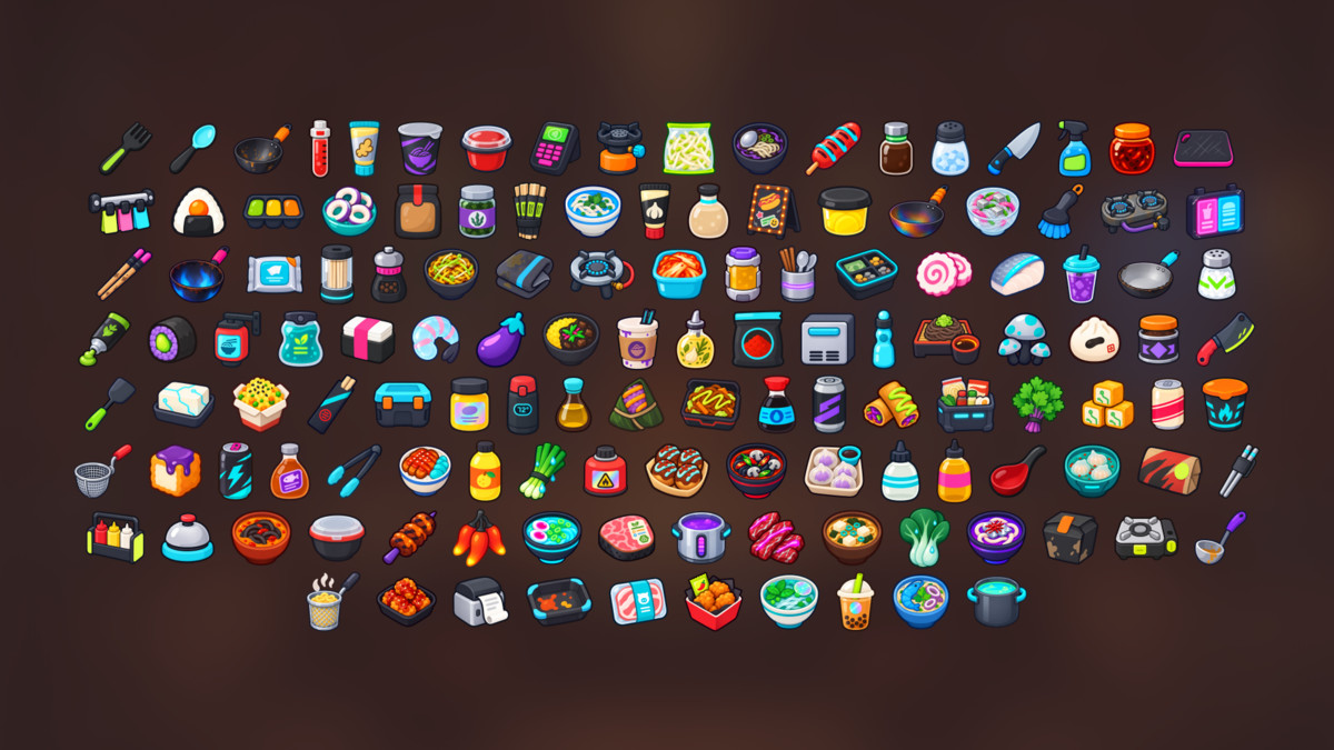 Cyberpunk Street Food Asian Restaurant Cooking Icons Pack