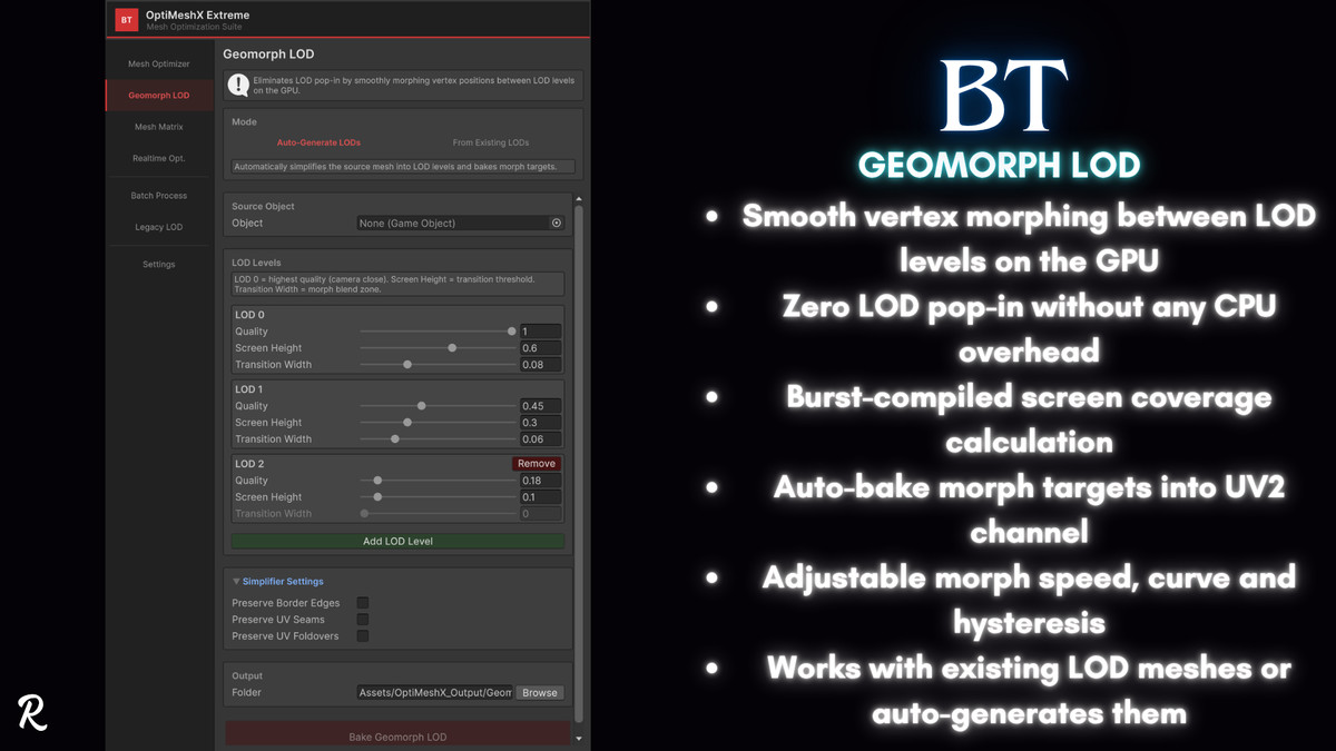 BT-OptiMeshX Extreme: Realtime Mesh Optimization, Geomorph LOD & Mesh Matrix