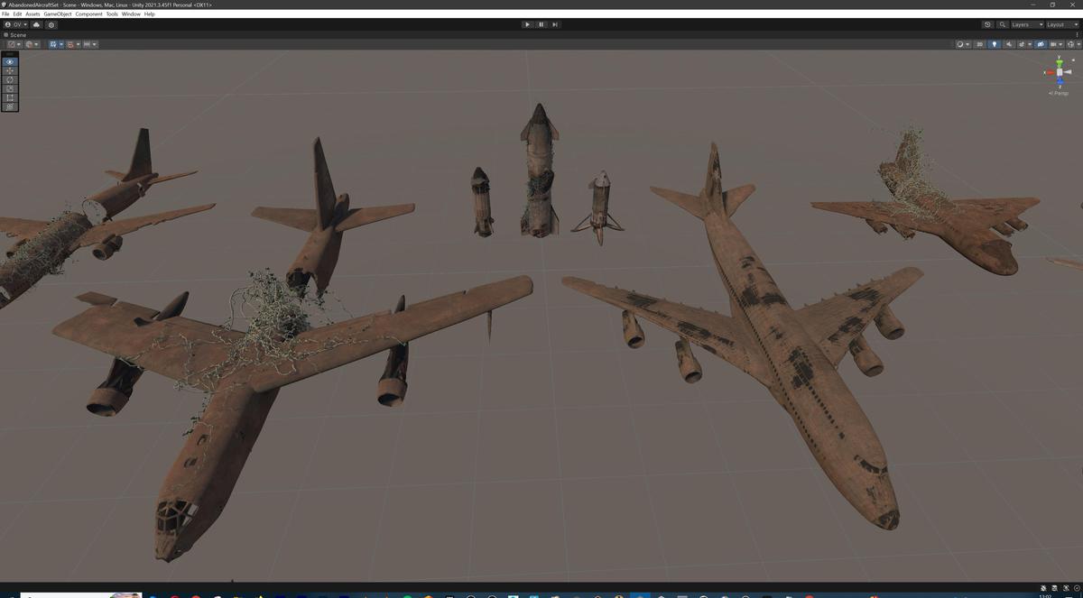 Old Abandoned Junk Rusty Aircraft and Helicopter Set 3d Game Ready Modular Props