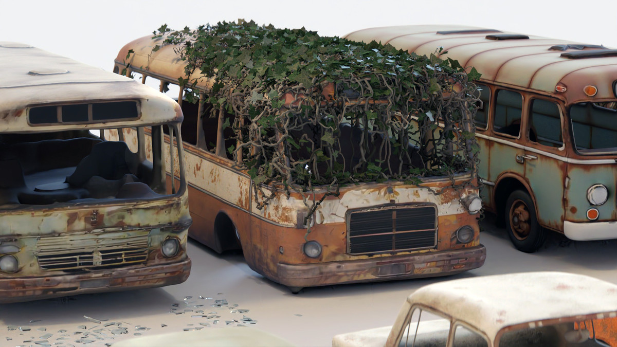 Old Abandoned Junk Rusty Vehicles 3d Game Ready Set (Car, Bus, Motorcycle, Bike)