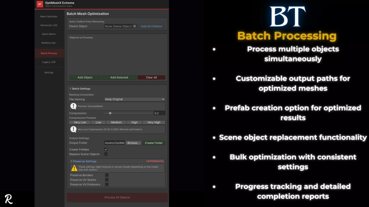 BT-OptiMeshX Extreme: Realtime Mesh Optimization, Geomorph LOD & Mesh Matrix