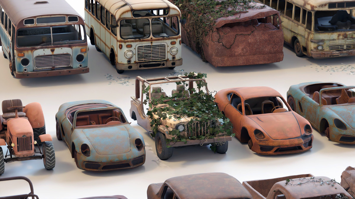 Old Abandoned Junk Rusty Vehicles 3d Game Ready Set (Car, Bus, Motorcycle, Bike)