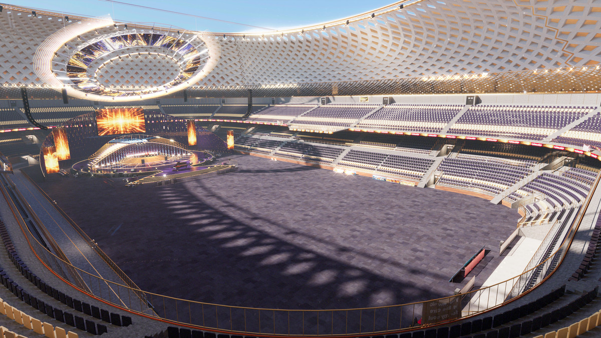 Golden Concert Arena Stadium 3D Model - Futuristic Environment with Stage, Props