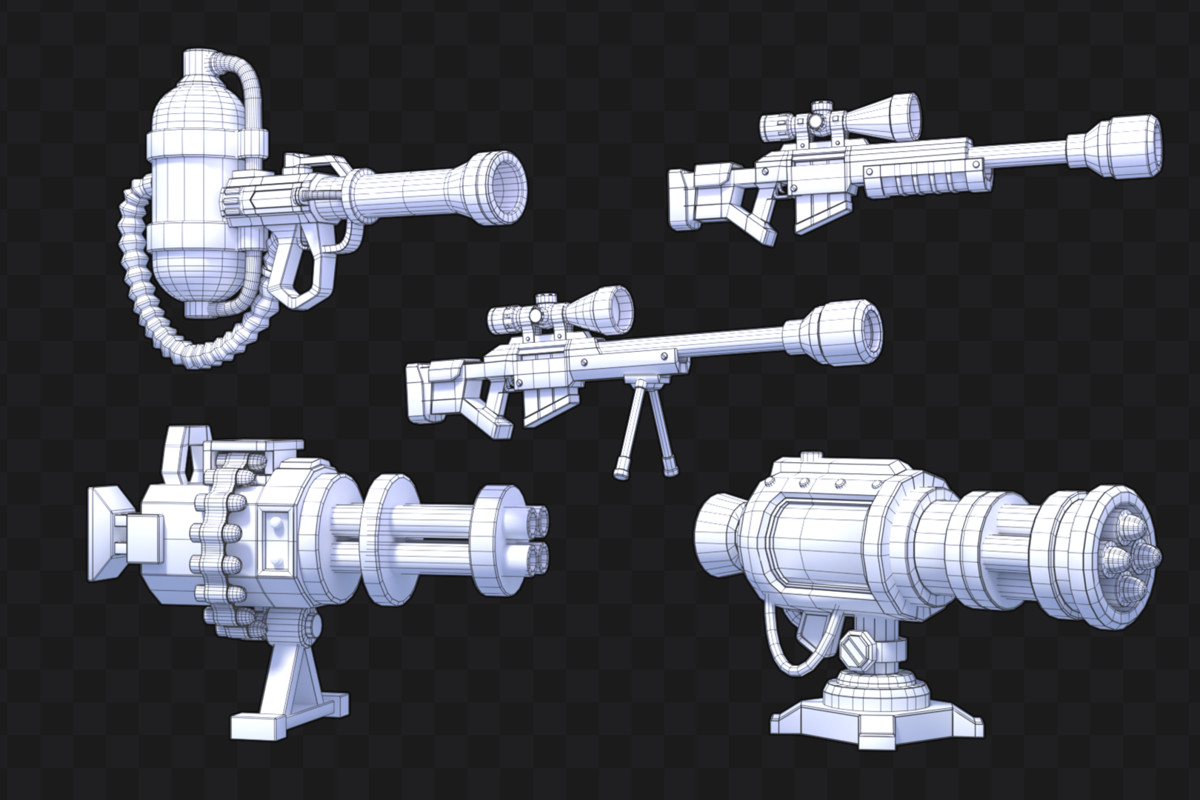 Realistic FPS Weapon & Turret Pack – Flamethrower, Gatling, Sniper with Bullets