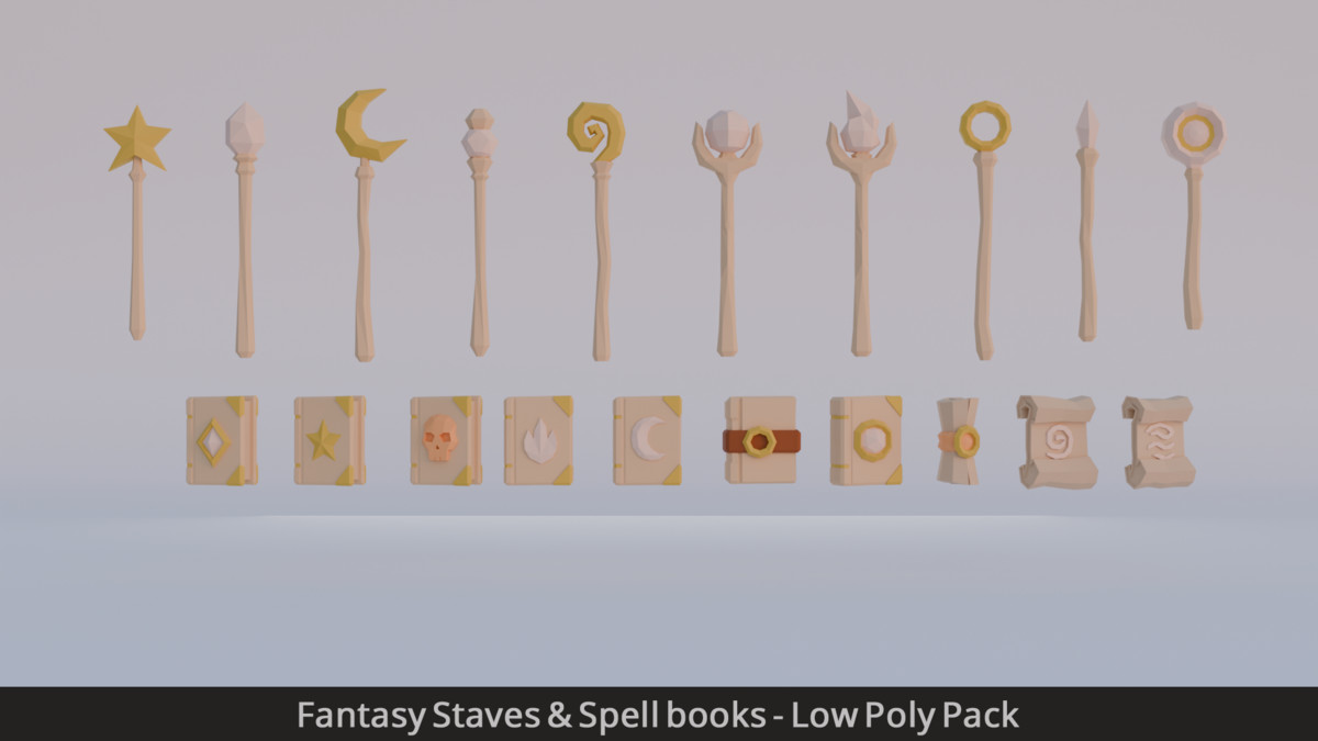 Fantasy Staves & Spell books - Low Poly Pack