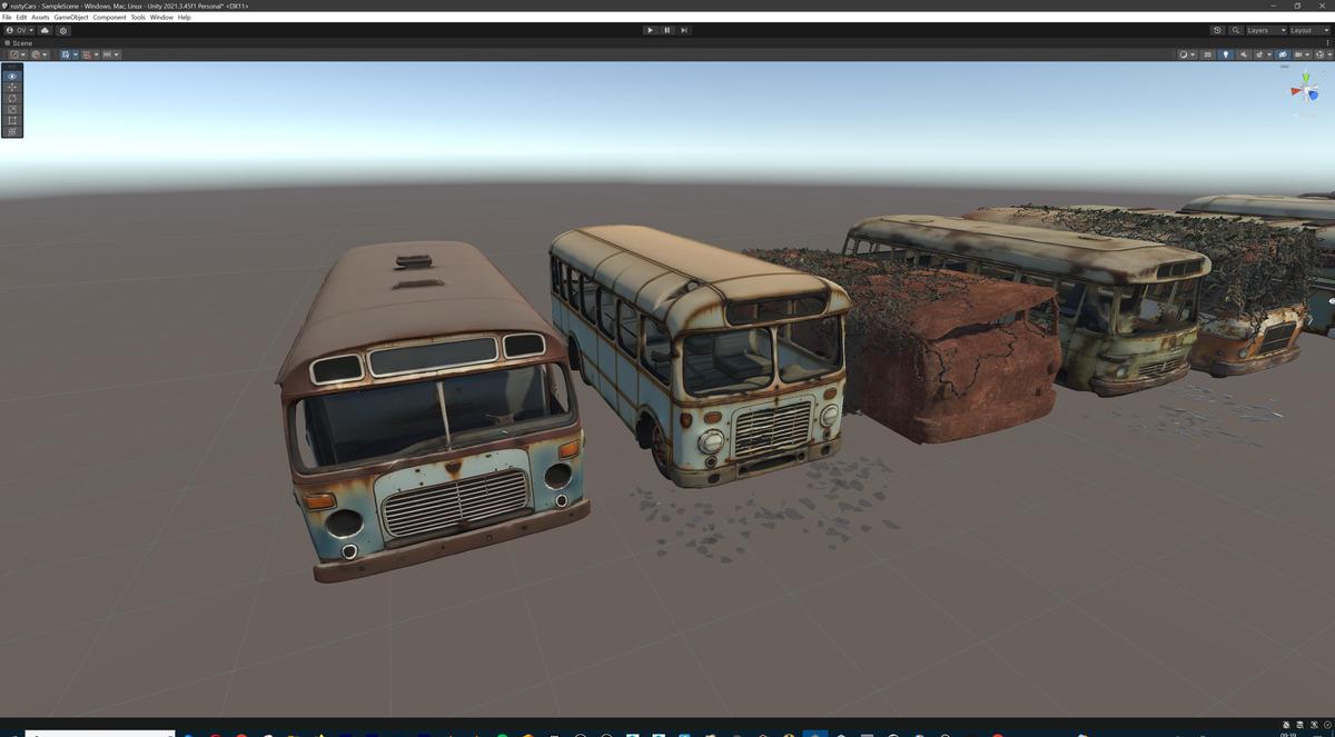 Old Abandoned Junk Rusty Vehicles 3d Game Ready Set (Car, Bus, Motorcycle, Bike)