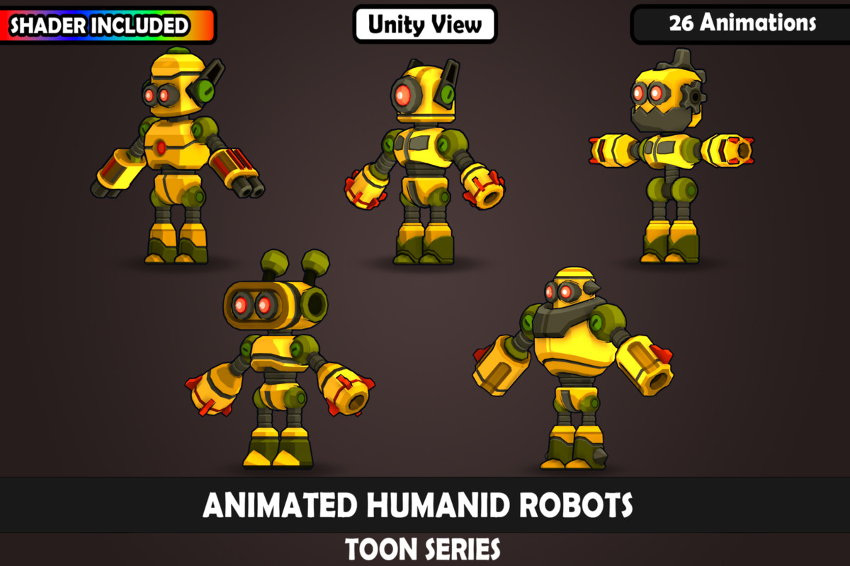 V1 Animated Toon Humanoid Robot Charcaters : 5 Characters, 26 Animations, Matcap