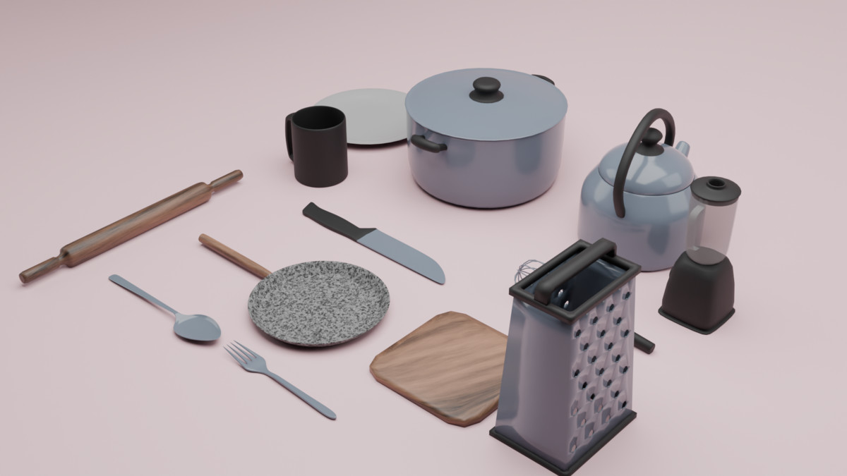 3D – Kitchen set: Forks, spoons, pots, and much more.