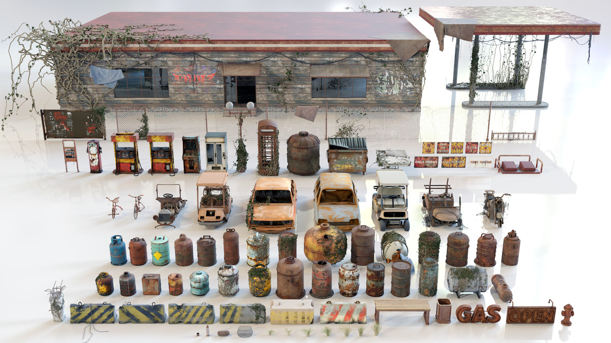 Post-Apocalyptic Junkyard Rusty Gas Station Props Pack (217 3d assets)