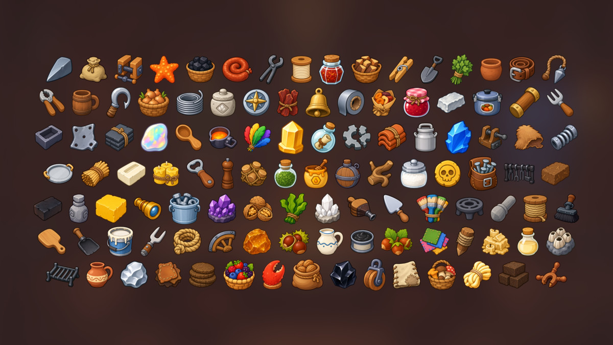 Crafting Materials Workshop Tools Food Minerals Resources Icons Pack