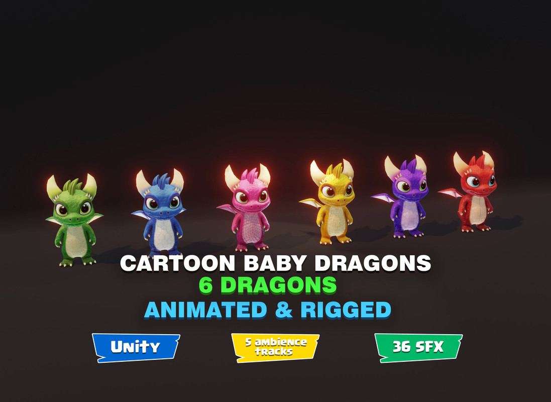 Cartoon Baby Dragons 3D Model with 5 Music Tracks & 36 Sound Effects