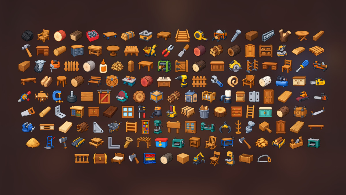 Woodworking Carpentry Sawmill Lumber Furniture Workshop Icons Pack