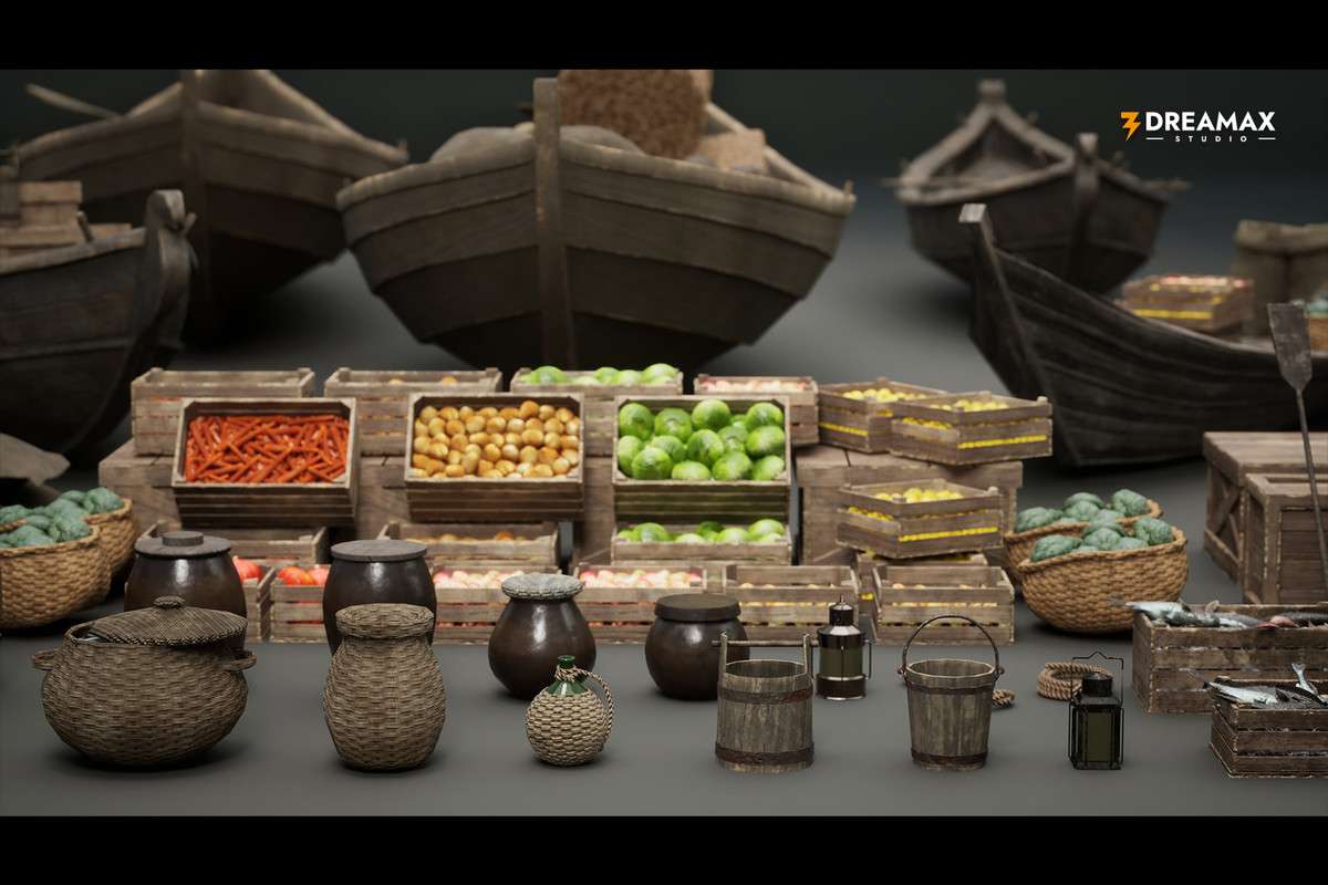 Medieval Rowboats & Harbor Trade Props Pack – Fishing, Cargo & Dock Assets